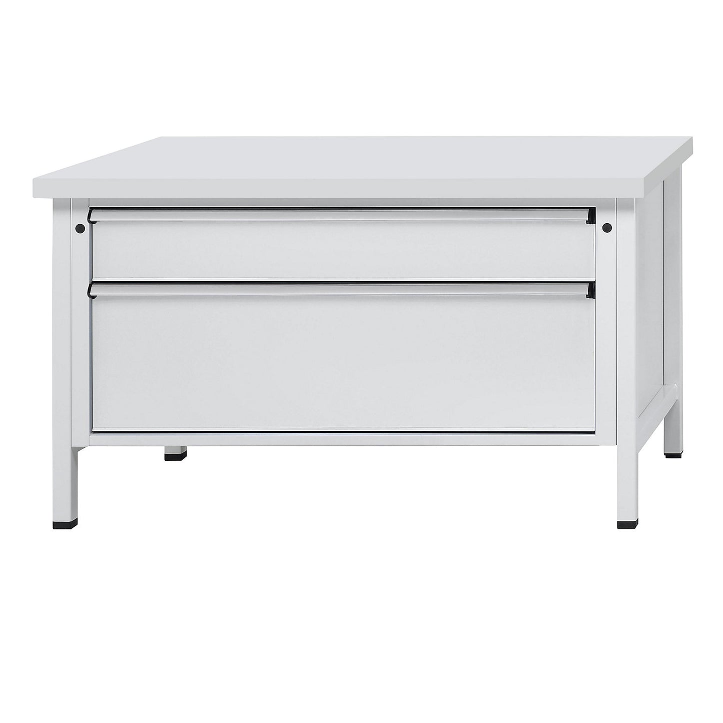 Workbench with XL/XXL drawers, frame construction, width 1500 mm, 2 drawers, universal worktop, front in light grey.
