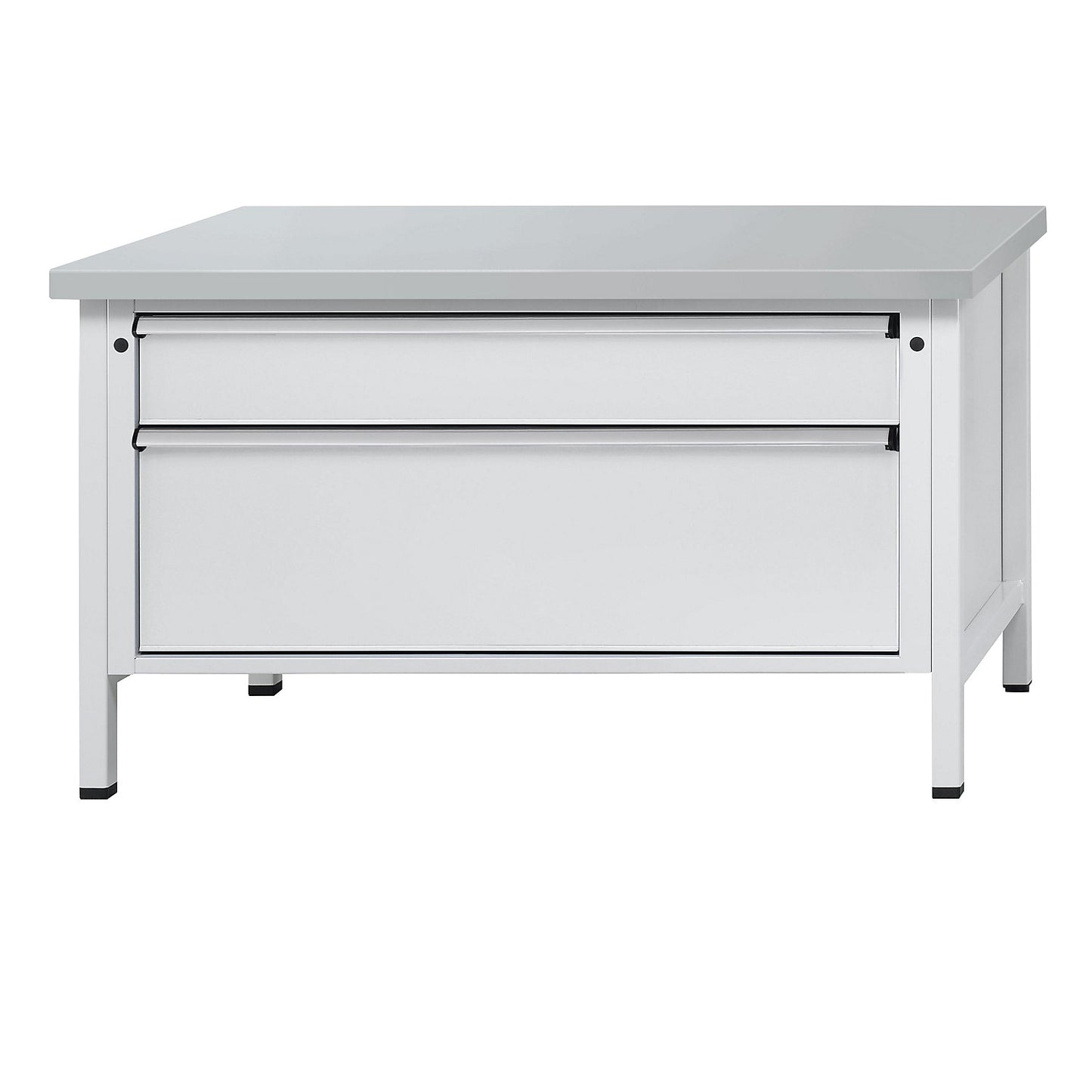 Workbench with XL/XXL drawers, frame construction, width 1500 mm, 2 drawers, sheet steel covered worktop, front in light grey.