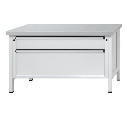 Workbench with XL/XXL drawers, frame construction, width 1500 mm, 2 drawers, sheet steel covered worktop, front in light grey.
