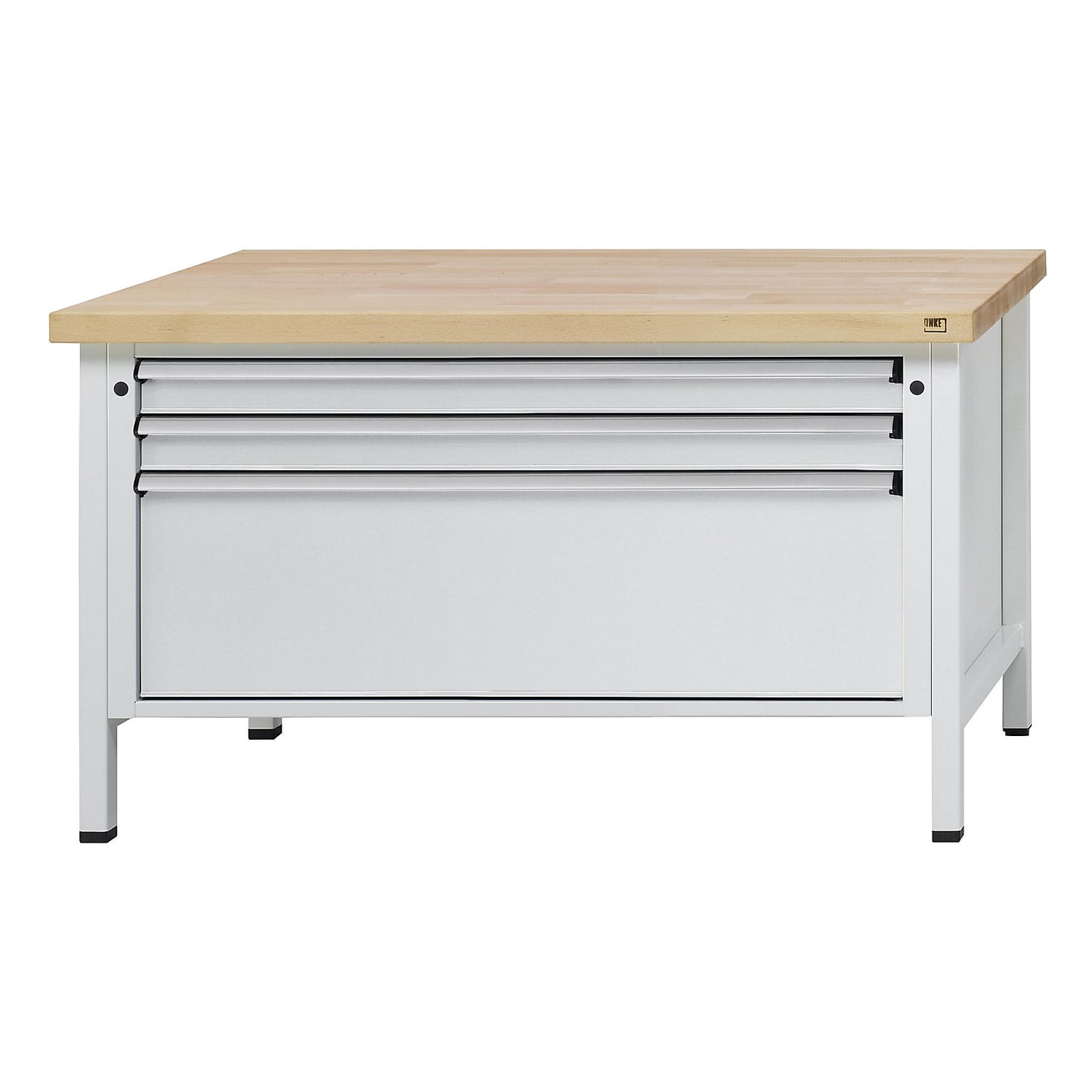 Workbench with XL/XXL drawers, frame construction, width 1500 mm, 3 drawers, solid beech worktop, front in light grey.