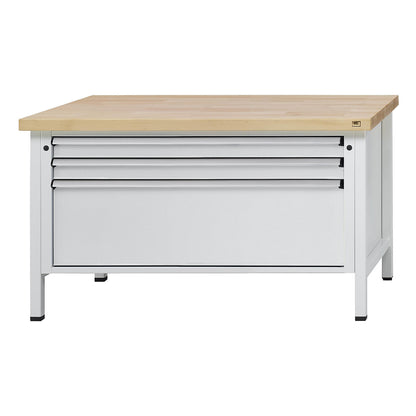 Workbench with XL/XXL drawers, frame construction, width 1500 mm, 3 drawers, solid beech worktop, front in light grey.