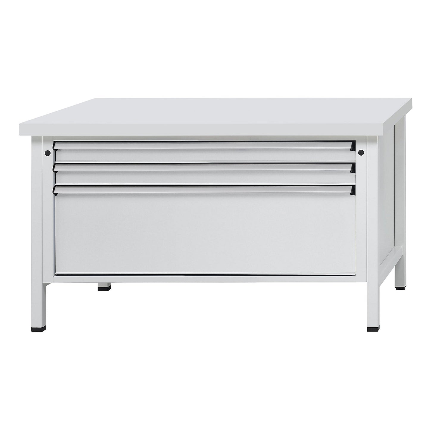 Workbench with XL/XXL drawers, frame construction, width 1500 mm, 3 drawers, universal worktop, front in light grey.