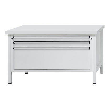 Workbench with XL/XXL drawers, frame construction, width 1500 mm, 3 drawers, universal worktop, front in light grey.