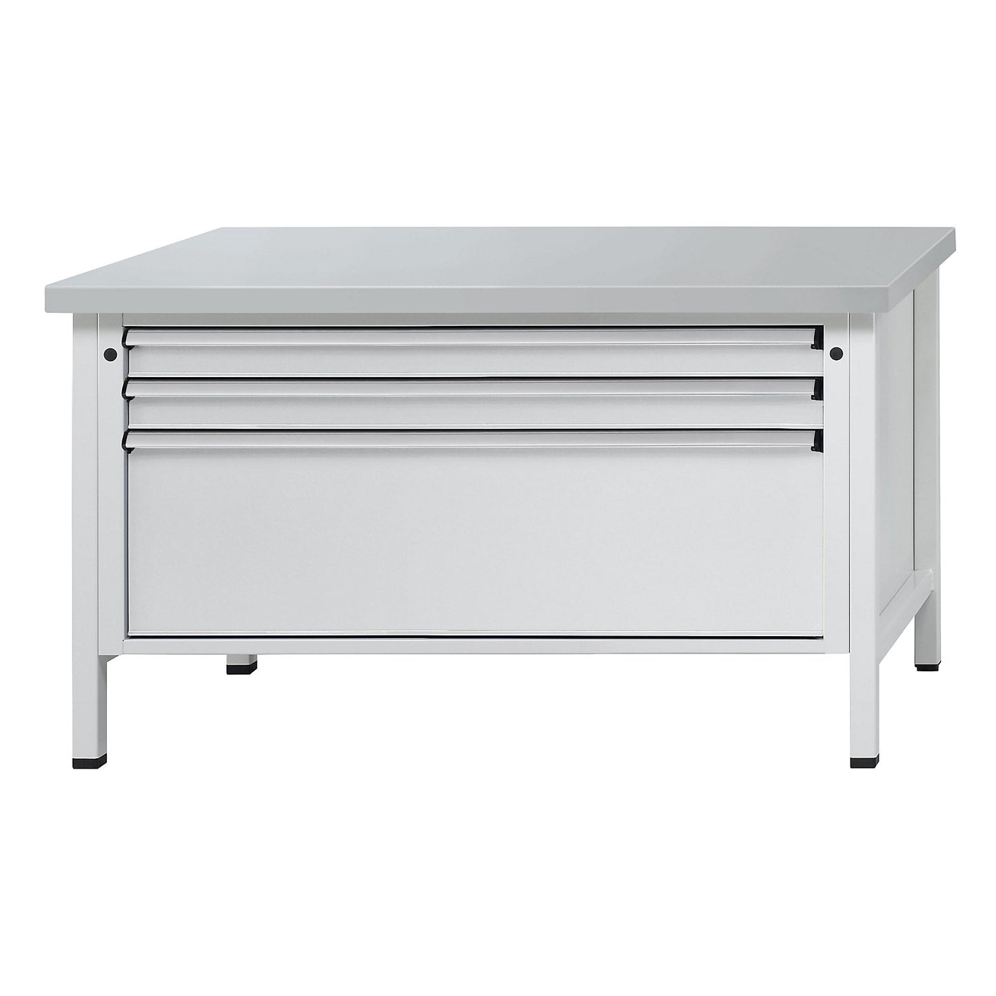 Workbench with XL/XXL drawers, frame construction, width 1500 mm, 3 drawers, sheet steel covered worktop, front in light grey.