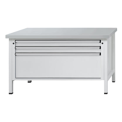 Workbench with XL/XXL drawers, frame construction, width 1500 mm, 3 drawers, sheet steel covered worktop, front in light grey.