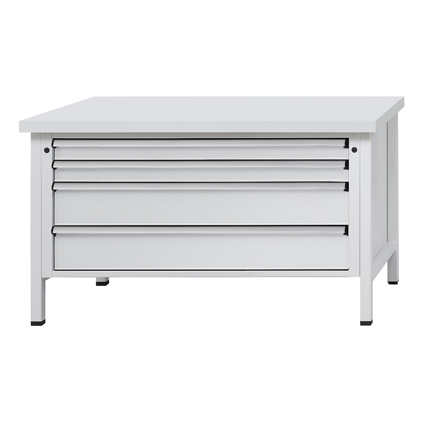 Workbench with XL/XXL drawers, frame construction, width 1500 mm, 4 drawers, universal worktop, front in light grey.
