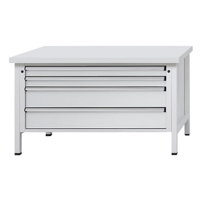 Workbench with XL/XXL drawers, frame construction, width 1500 mm, 4 drawers, universal worktop, front in light grey.