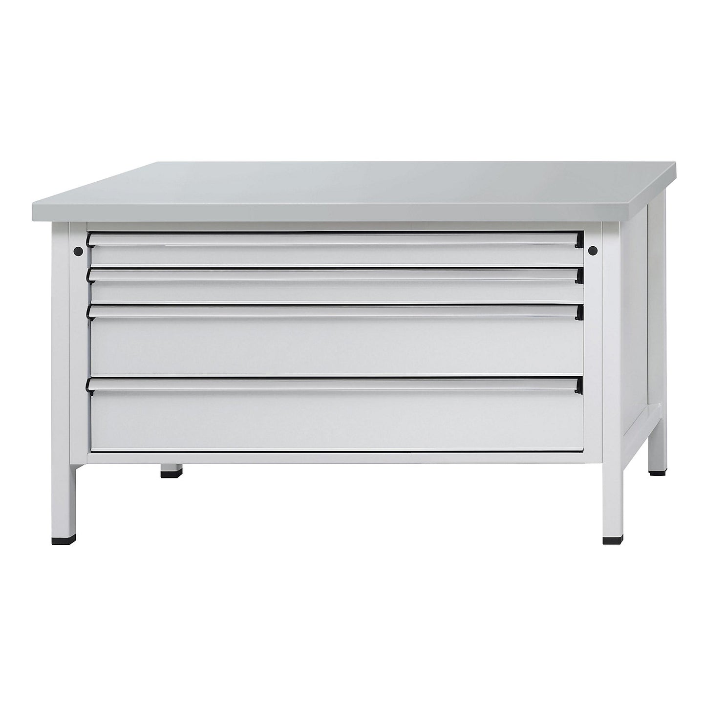 Workbench with XL/XXL drawers, frame construction, width 1500 mm, 4 drawers, sheet steel covered worktop, front in light grey.