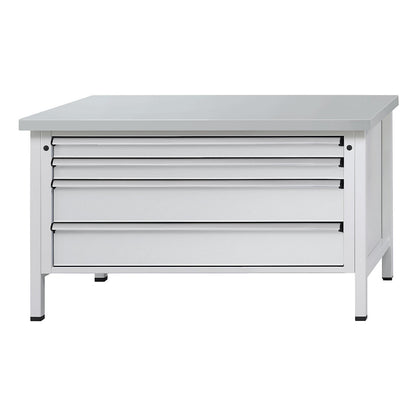 Workbench with XL/XXL drawers, frame construction, width 1500 mm, 4 drawers, sheet steel covered worktop, front in light grey.