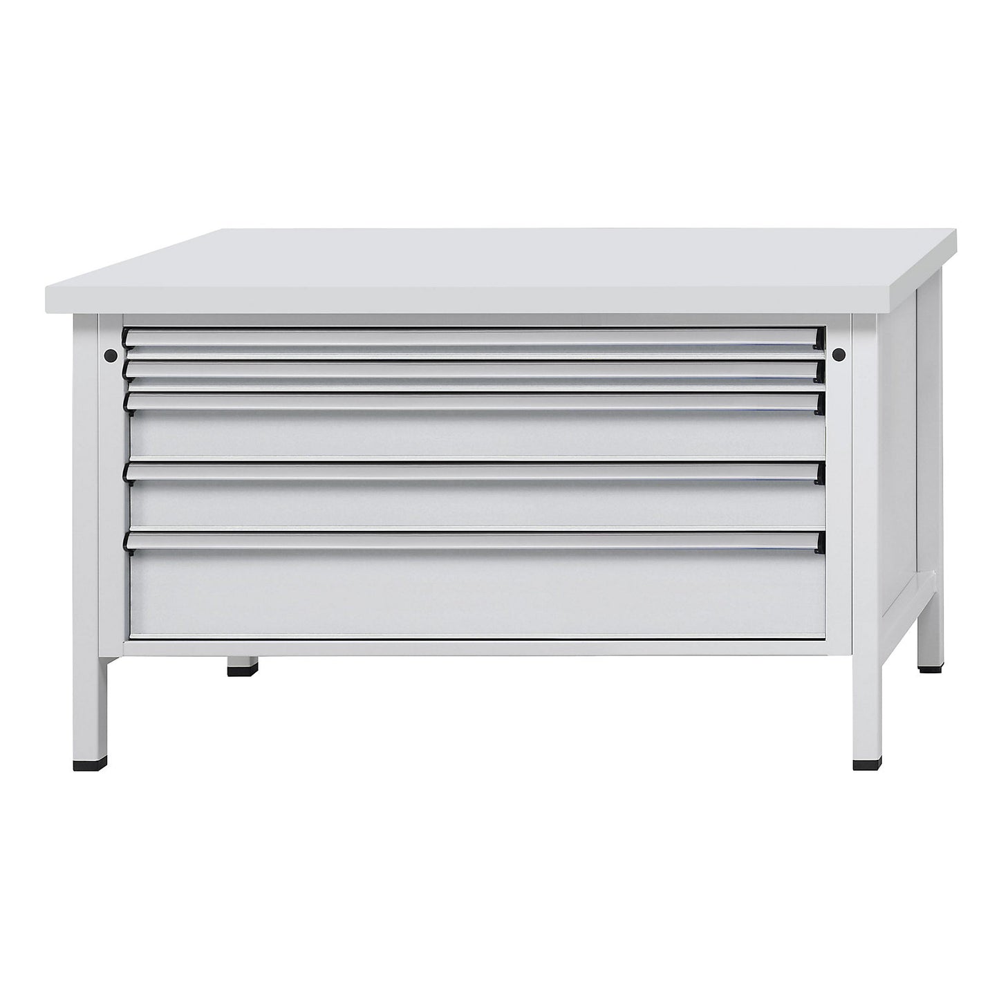 Workbench with XL/XXL drawers, frame construction, width 1500 mm, 5 drawers, universal worktop, front in light grey.
