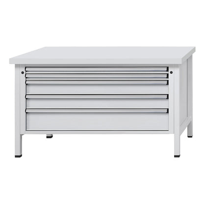 Workbench with XL/XXL drawers, frame construction, width 1500 mm, 5 drawers, universal worktop, front in light grey.