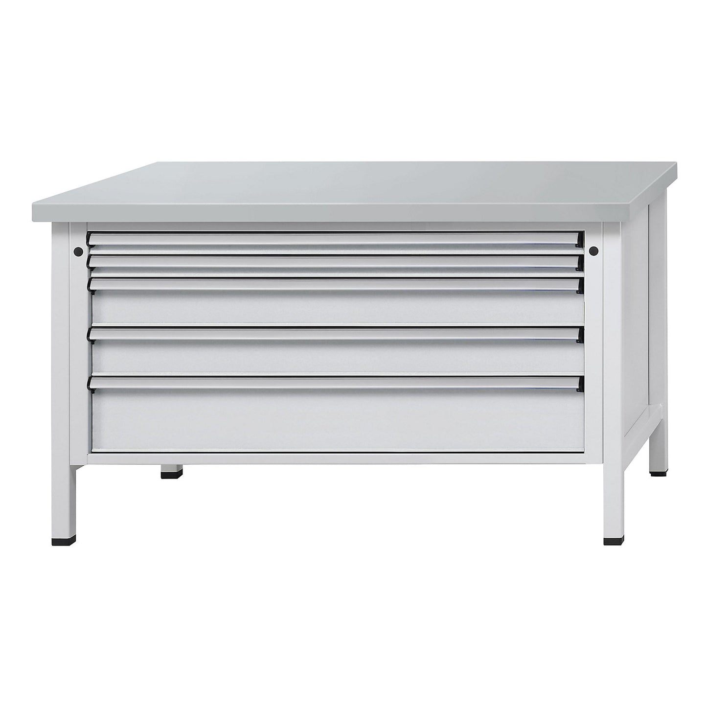 Workbench with XL/XXL drawers, frame construction, width 1500 mm, 5 drawers, sheet steel covered worktop, front in light grey.