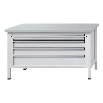 Workbench with XL/XXL drawers, frame construction, width 1500 mm, 5 drawers, sheet steel covered worktop, front in light grey.