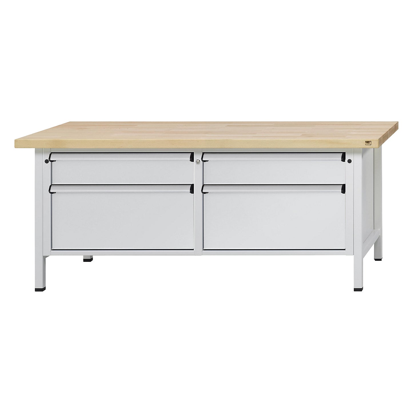 Workbench with XL/XXL drawers, frame construction, width 2000 mm, 4 drawers, solid beech worktop, front in light grey.
