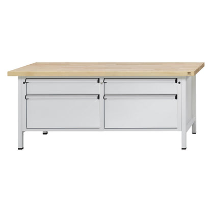 Workbench with XL/XXL drawers, frame construction, width 2000 mm, 4 drawers, solid beech worktop, front in light grey.