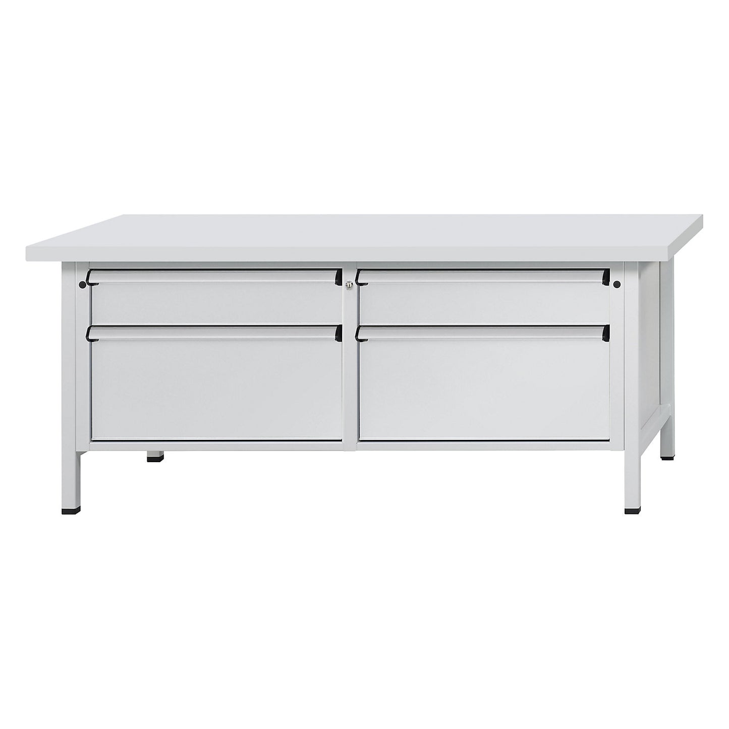 Workbench with XL/XXL drawers, frame construction, width 2000 mm, 4 drawers, universal worktop, front in light grey.