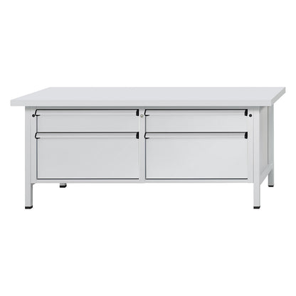 Workbench with XL/XXL drawers, frame construction, width 2000 mm, 4 drawers, universal worktop, front in light grey.