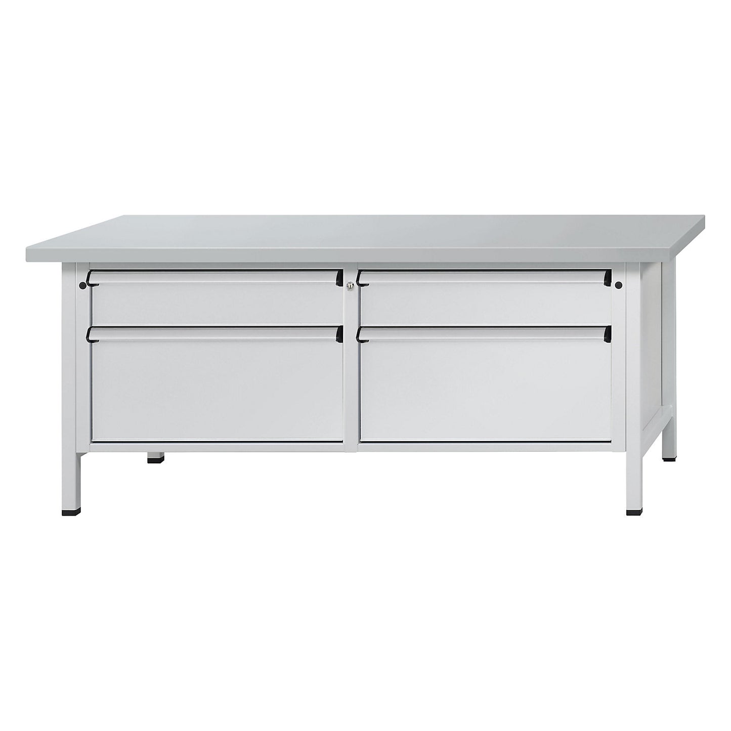 Workbench with XL/XXL drawers, frame construction, width 2000 mm, 4 drawers, sheet steel covered worktop, front in light grey.