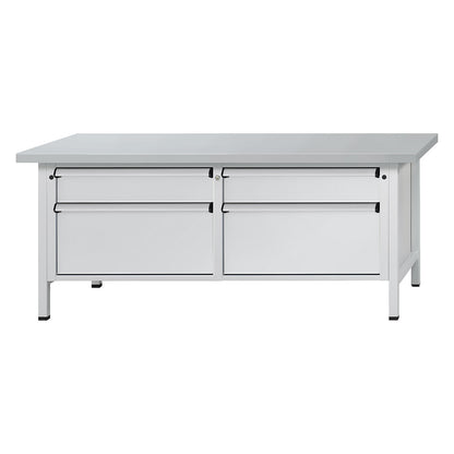 Workbench with XL/XXL drawers, frame construction, width 2000 mm, 4 drawers, sheet steel covered worktop, front in light grey.
