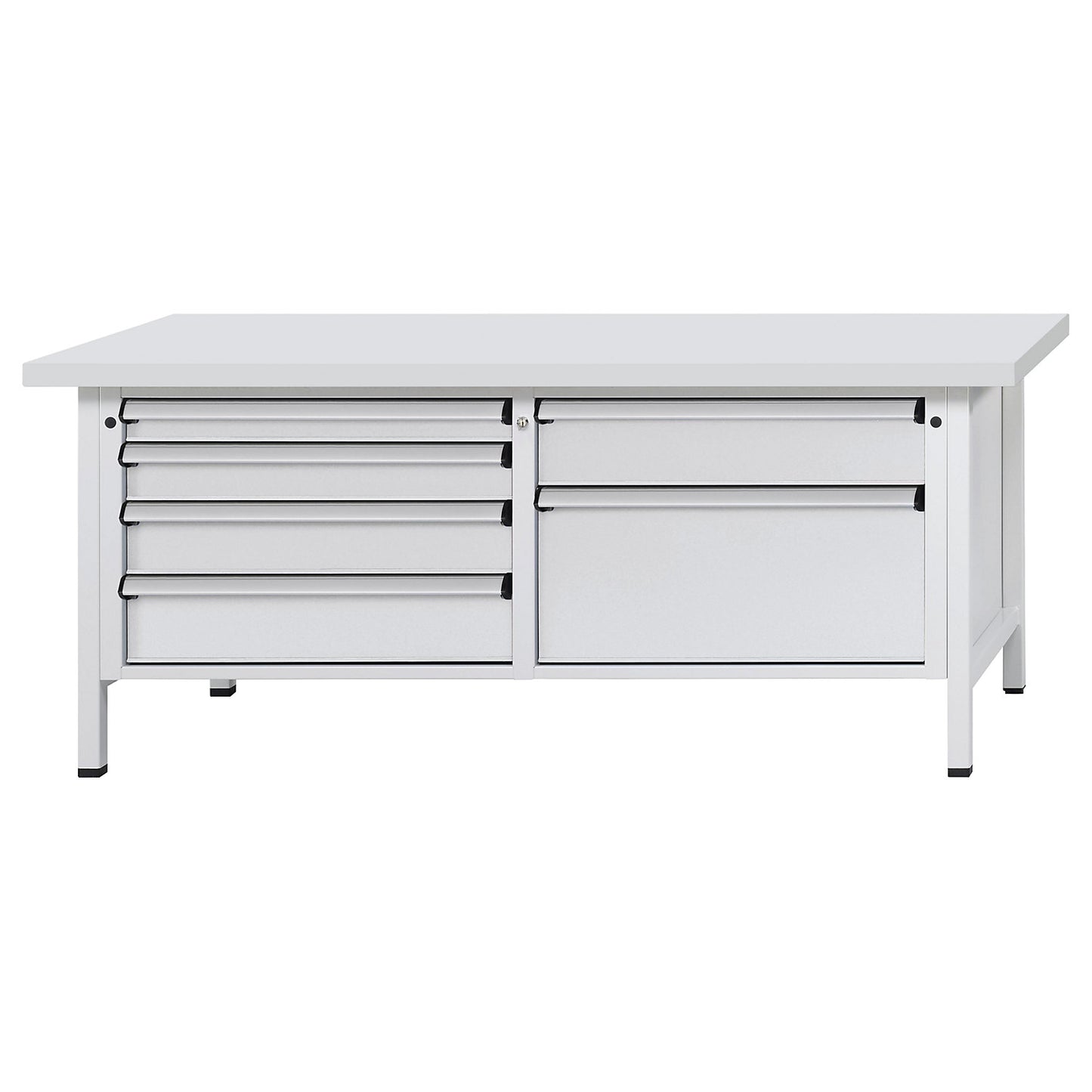 Workbench with XL/XXL drawers, frame construction, width 2000 mm, 6 drawers, universal worktop, front in light grey.