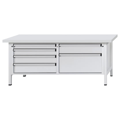 Workbench with XL/XXL drawers, frame construction, width 2000 mm, 6 drawers, universal worktop, front in light grey.