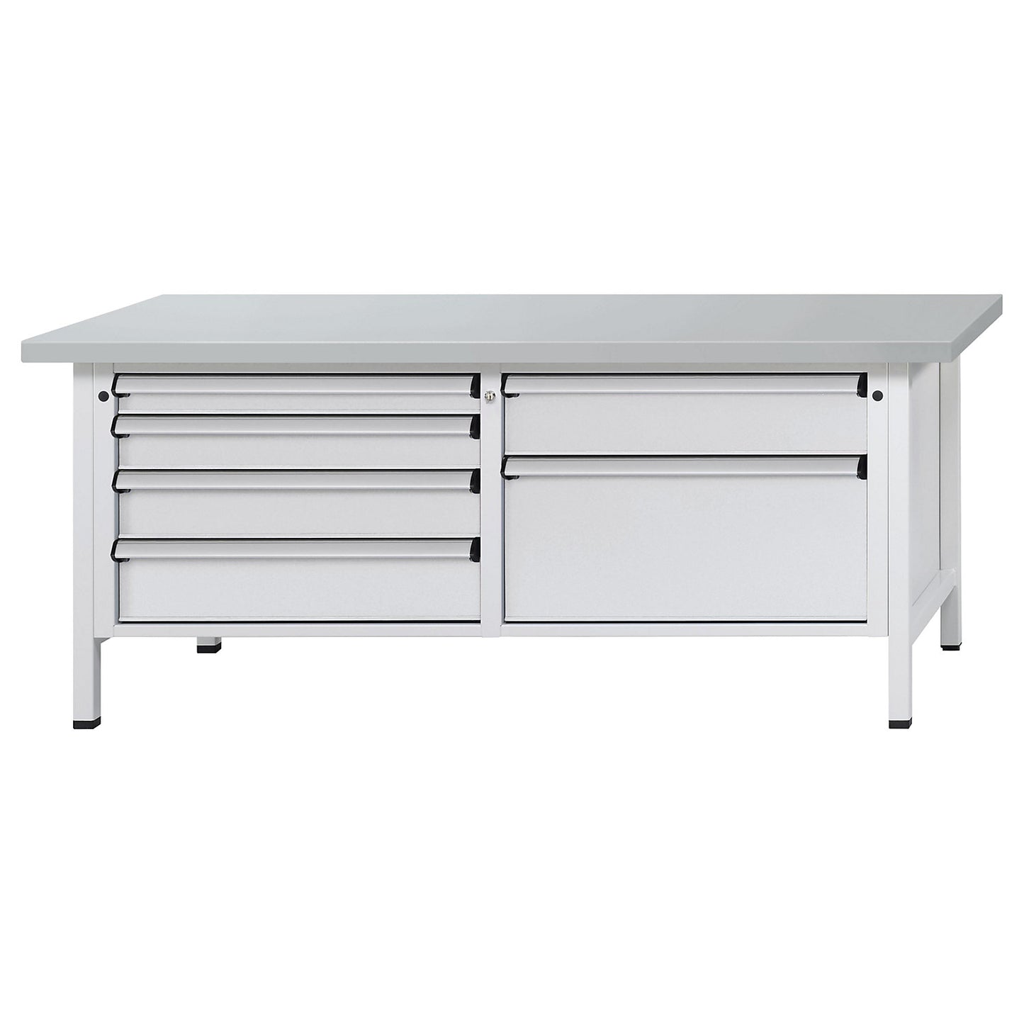 Workbench with XL/XXL drawers, frame construction, width 2000 mm, 6 drawers, sheet steel covered worktop, front in light grey.