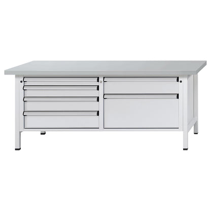 Workbench with XL/XXL drawers, frame construction, width 2000 mm, 6 drawers, sheet steel covered worktop, front in light grey.