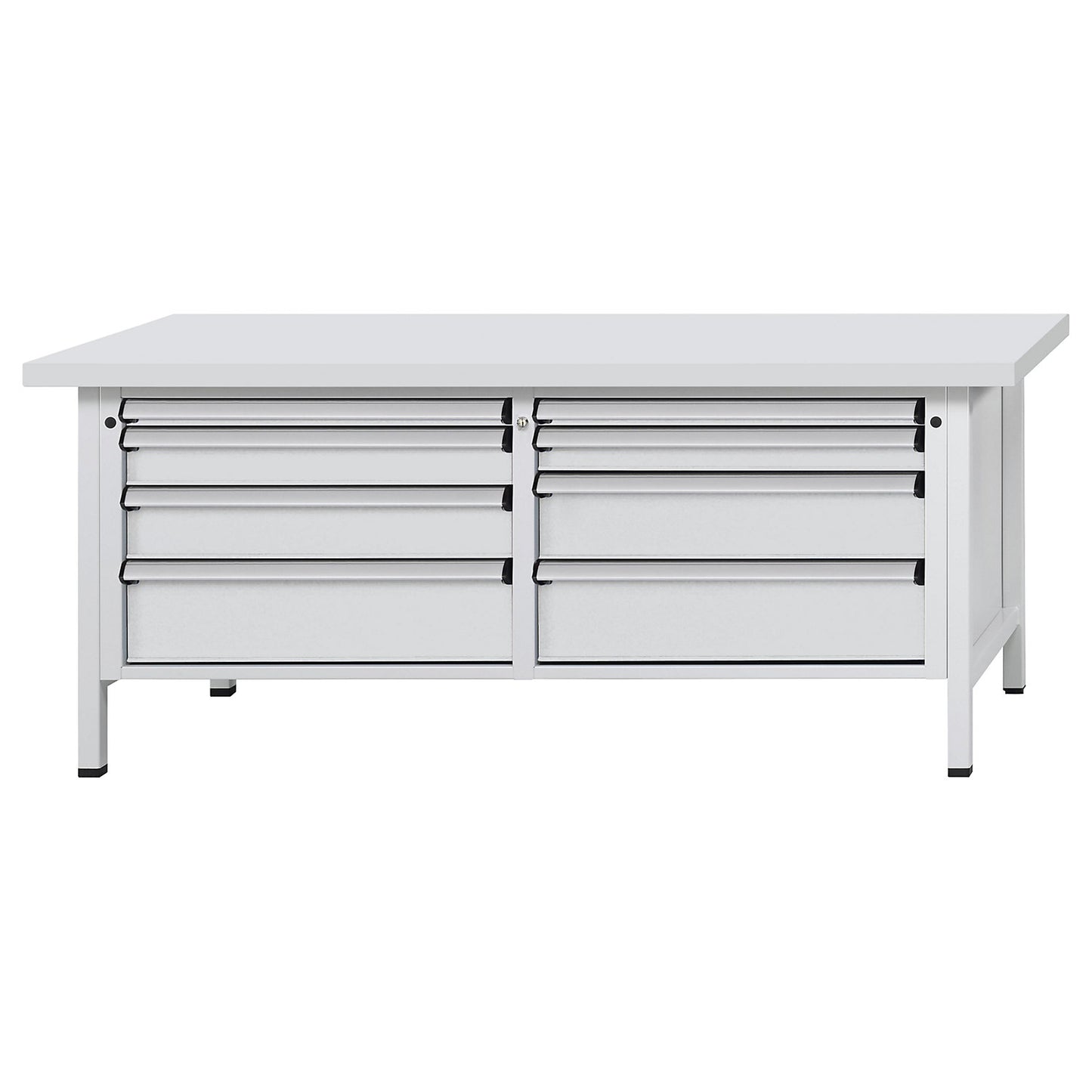 Workbench with XL/XXL drawers, frame construction, width 2000 mm, 8 drawers, universal worktop, front in light grey.