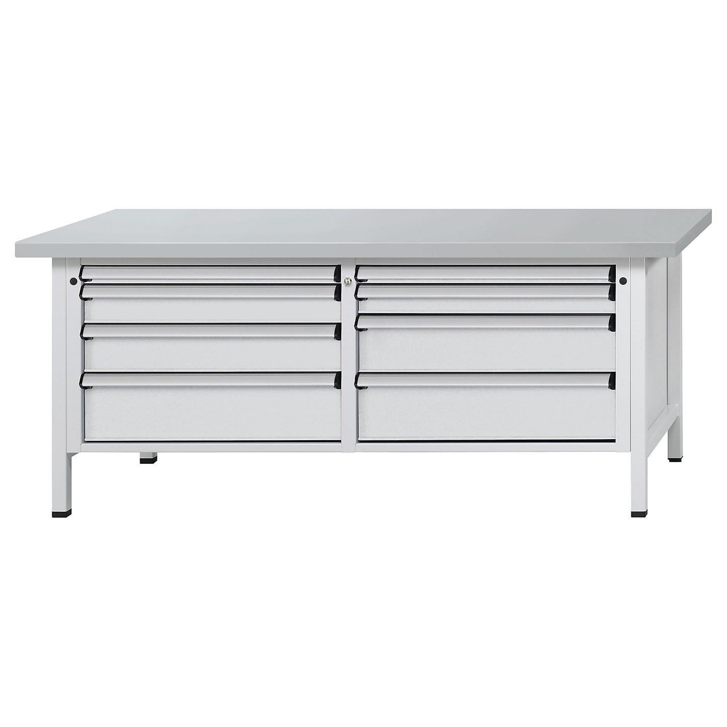 Workbench with XL/XXL drawers, frame construction, width 2000 mm, 8 drawers, sheet steel covered worktop, front in light grey.