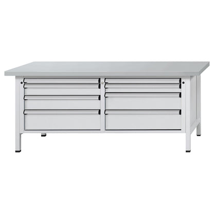 Workbench with XL/XXL drawers, frame construction, width 2000 mm, 8 drawers, sheet steel covered worktop, front in light grey.