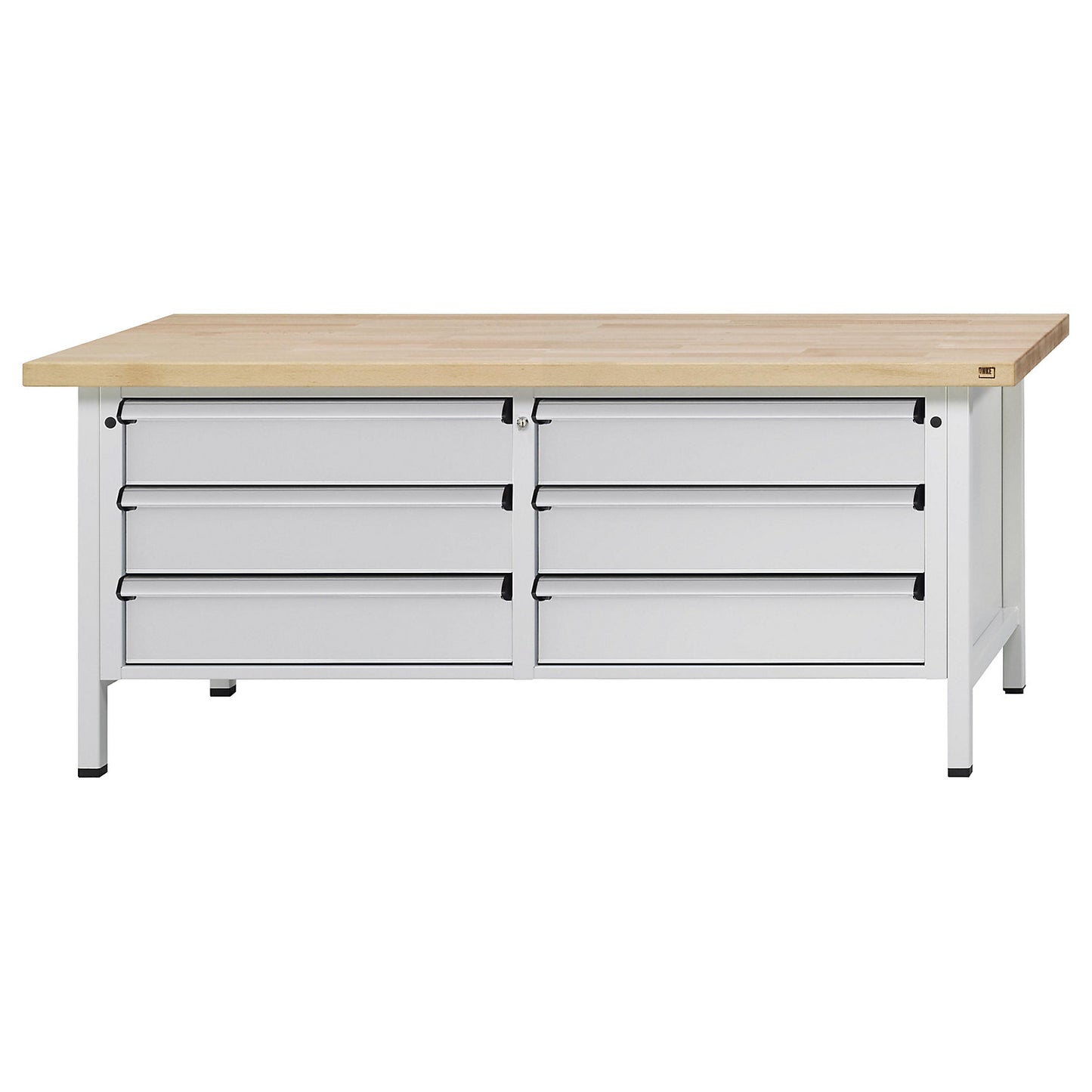 Workbench with XL/XXL drawers, frame construction, width 2000 mm, 6 x 180 mm drawers, solid beech worktop, front in light grey.