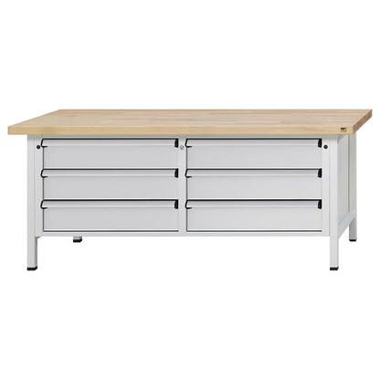 Workbench with XL/XXL drawers, frame construction, width 2000 mm, 6 x 180 mm drawers, solid beech worktop, front in light grey.
