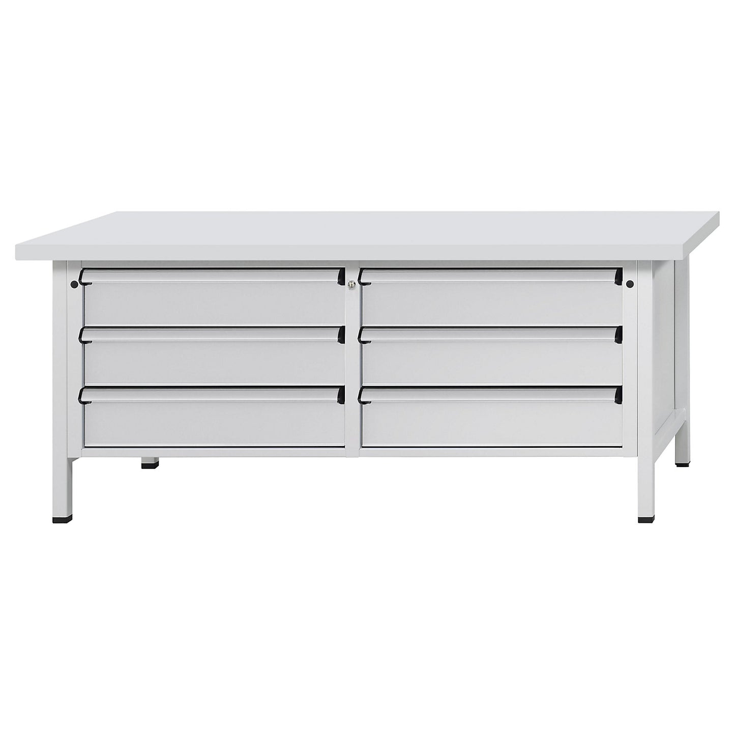 Workbench with XL/XXL drawers, frame construction, width 2000 mm, 6 x 180 mm drawers, universal worktop, front in light grey.