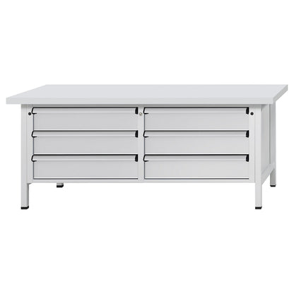 Workbench with XL/XXL drawers, frame construction, width 2000 mm, 6 x 180 mm drawers, universal worktop, front in light grey.