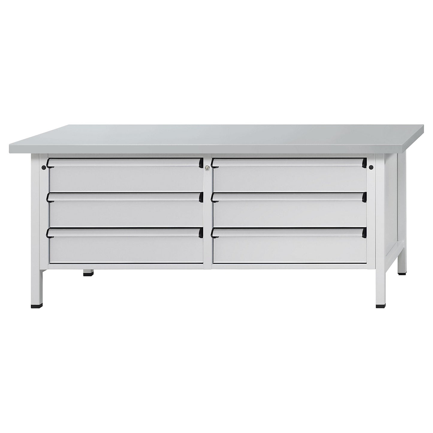 Workbench with XL/XXL drawers, frame construction, width 2000 mm, 6 x 180 mm drawers, sheet steel covered worktop, front in light grey.
