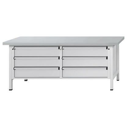 Workbench with XL/XXL drawers, frame construction, width 2000 mm, 6 x 180 mm drawers, sheet steel covered worktop, front in light grey.