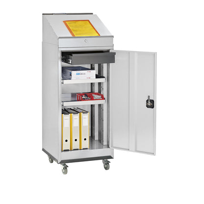Mobile workstation, comprised of a tool cupboard, pedestal desk and wheeled base, light grey door.
