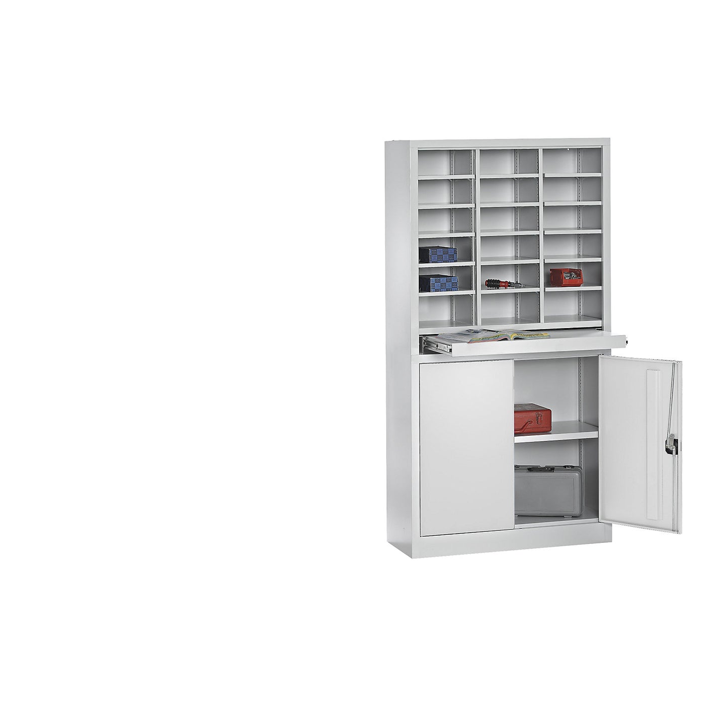Organisation and sorting station, with double door cupboard, light grey / light grey.