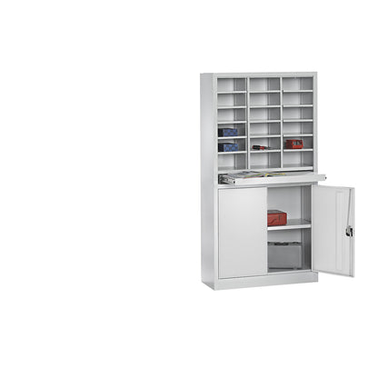 Organisation and sorting station, with double door cupboard, light grey / light grey.