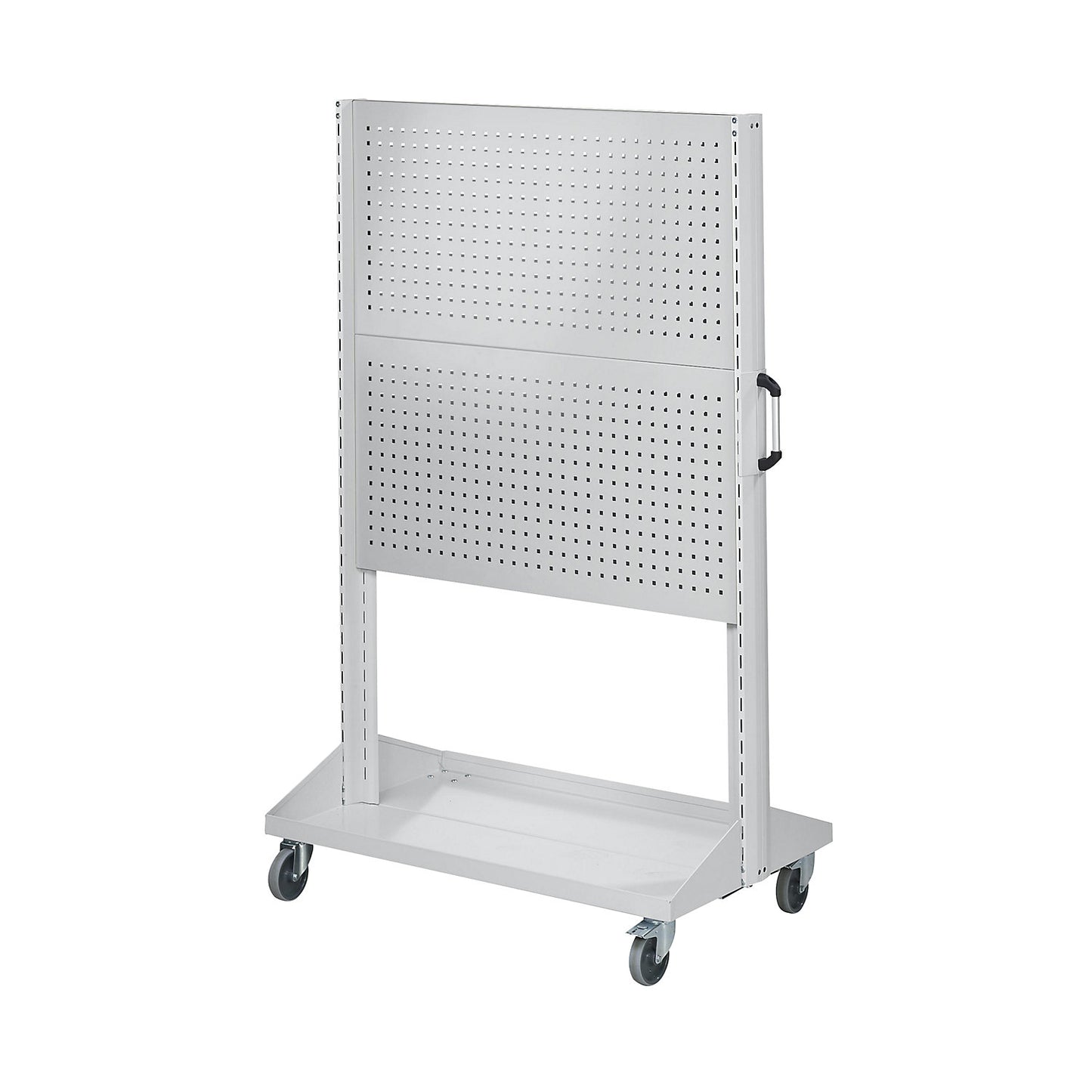 Tool and assembly trolley, trolley with 2 x 2 perforated panels, length 1250 mm, grey.