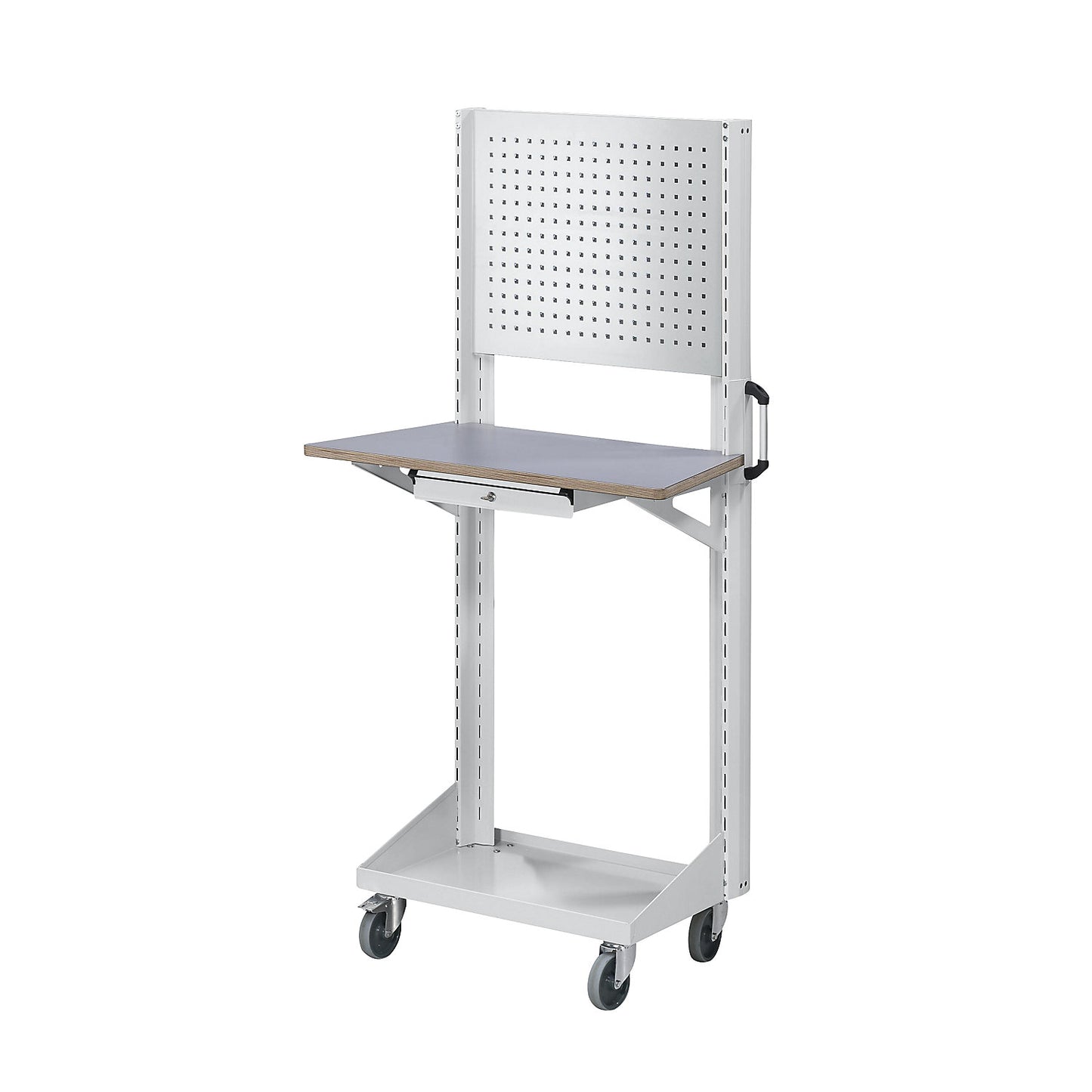 Tool and assembly trolley, with perforated panel, worktop, drawer, grey.
