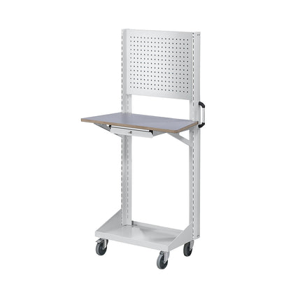 Tool and assembly trolley, with perforated panel, worktop, drawer, grey.