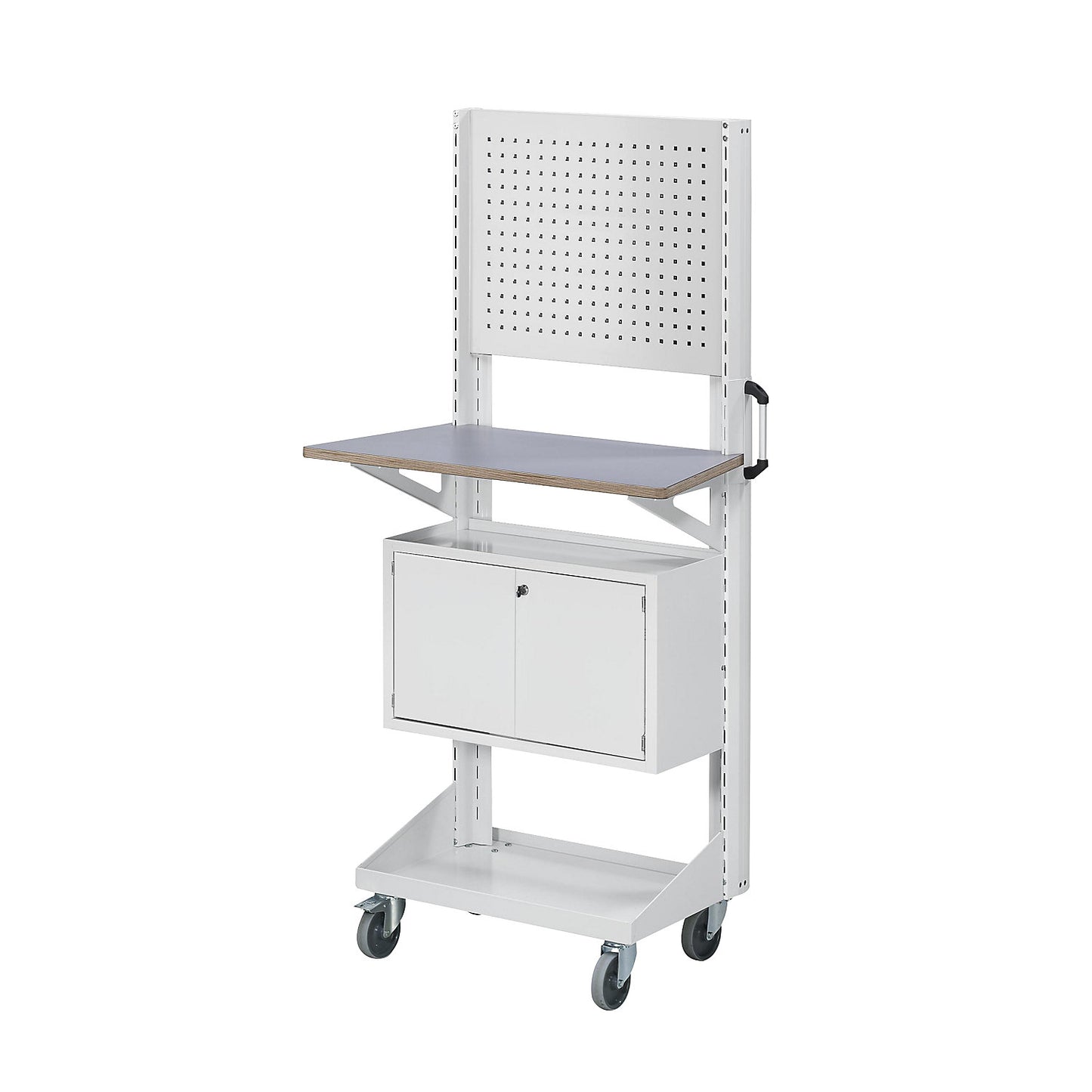 Tool and assembly trolley, with perforated panel, worktop, cupboard, grey.