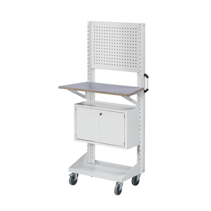 Tool and assembly trolley, with perforated panel, worktop, cupboard, grey.