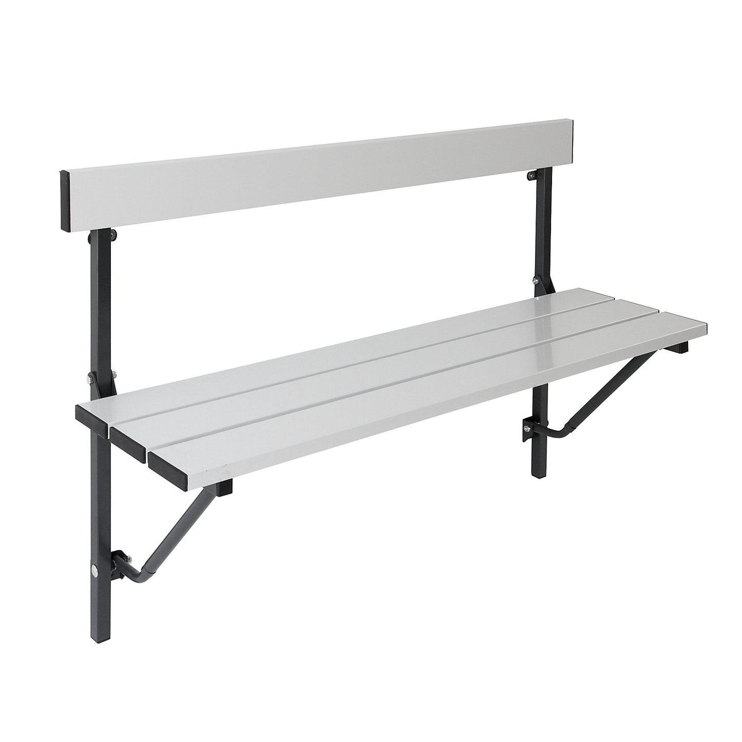 Folding wall-mounted bench, fixed length 1200 mm, with aluminium slats.