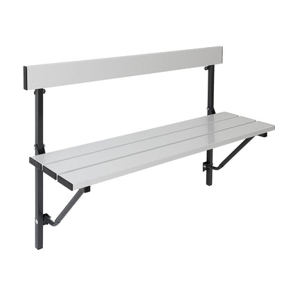 Folding wall-mounted bench, fixed length 1200 mm, with aluminium slats.