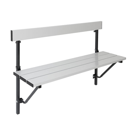 Folding wall-mounted bench, fixed length 1200 mm, with aluminium slats.