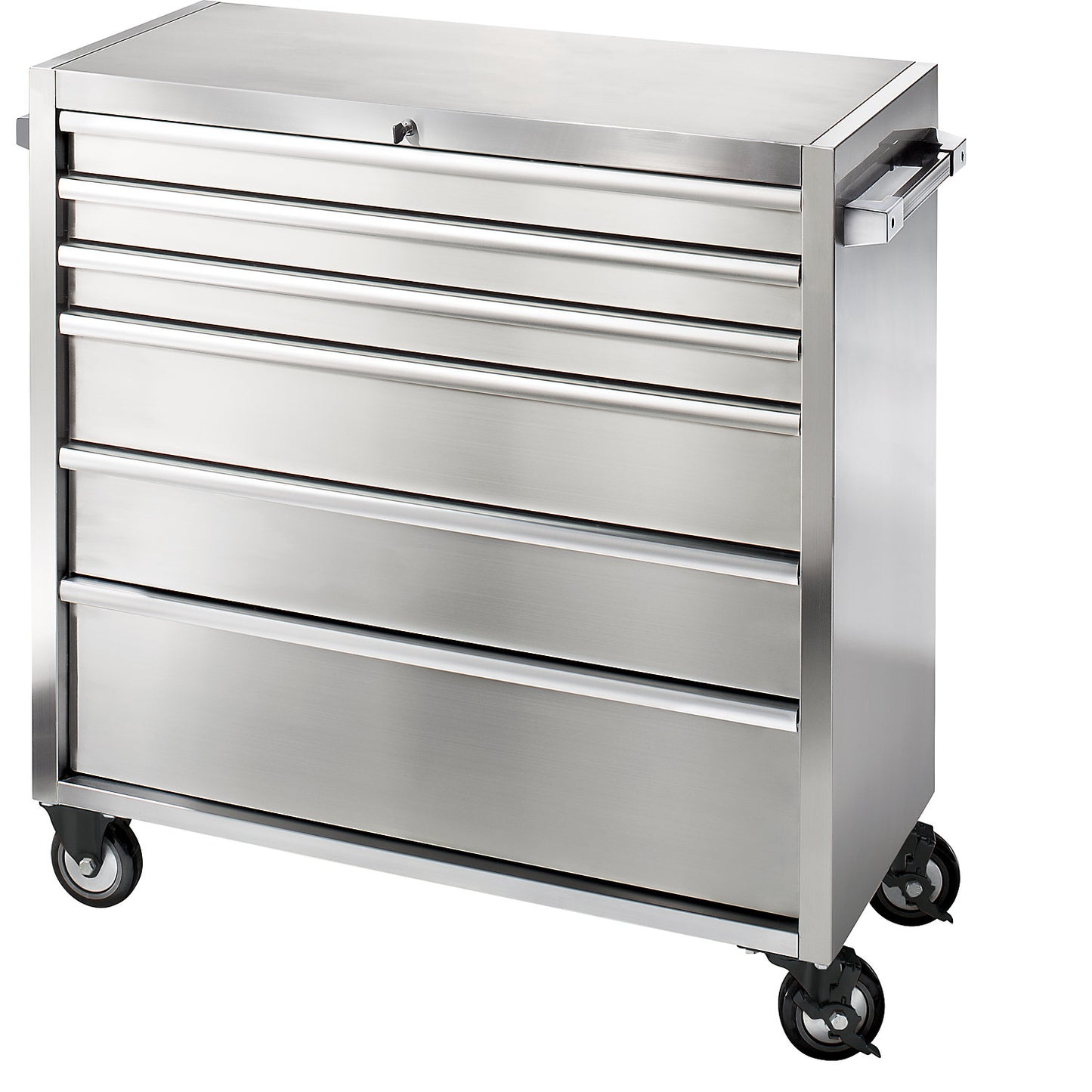 Stainless steel tool trolley, 6 drawers with individual pull-out stops, HxWxD 1110 x 1056 x 470 mm.