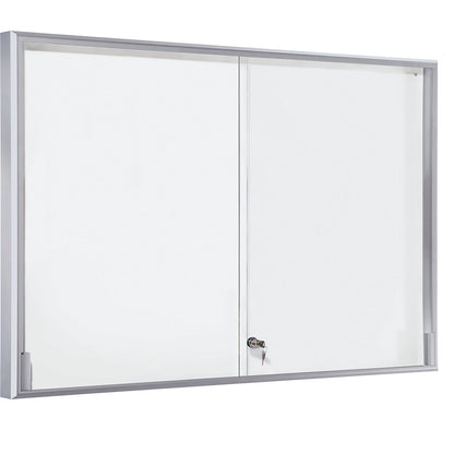 Display case, aluminium frame, sliding doors, 18 x A4, WxHxD 1330 x 970 x 50 mm, square frame corners.
