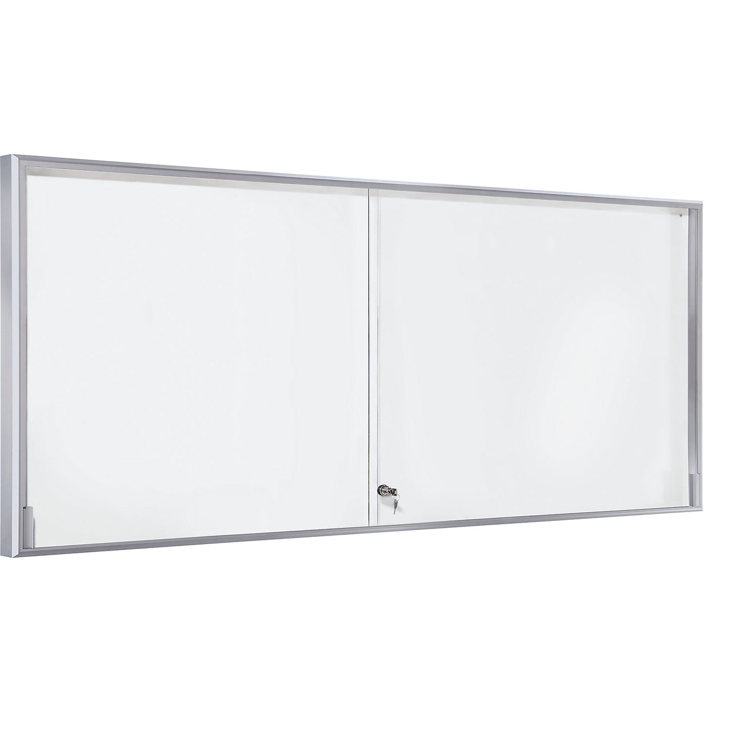 Display case, aluminium frame, sliding doors, 27 x A4, WxHxD 1970 x 970 x 50 mm, square frame corners.